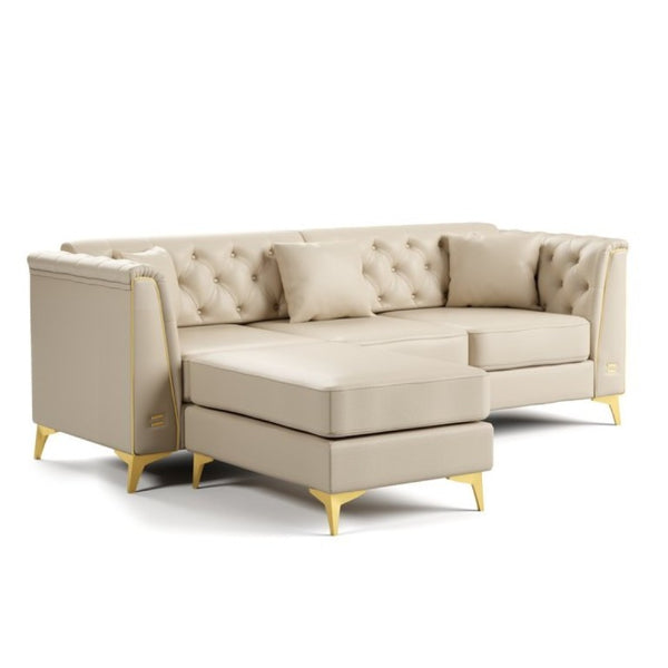 English Elm 81.5 Inch Tufted Faux Leather Chesterfield Sofa with Metal Trim Arms and Tapered Legs Beige+White W1885S00558