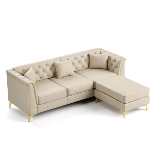 English Elm 81.5 Inch Tufted Faux Leather Chesterfield Sofa with Metal Trim Arms and Tapered Legs Beige+White W1885S00558