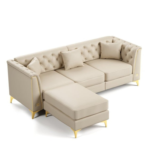 English Elm 81.5 Inch Tufted Faux Leather Chesterfield Sofa with Metal Trim Arms and Tapered Legs Beige+White W1885S00558