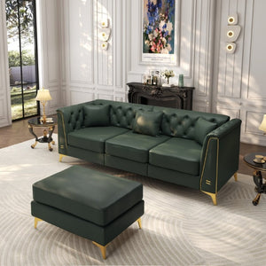 English Elm 81.5 Inch Tufted Faux Leather Chesterfield Sofa with Metal Trim Arms and Tapered Legs Green W1885S00559