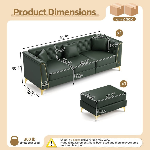 English Elm 81.5 Inch Tufted Faux Leather Chesterfield Sofa with Metal Trim Arms and Tapered Legs Green W1885S00559