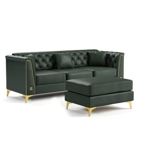 English Elm 81.5 Inch Tufted Faux Leather Chesterfield Sofa with Metal Trim Arms and Tapered Legs Green W1885S00559
