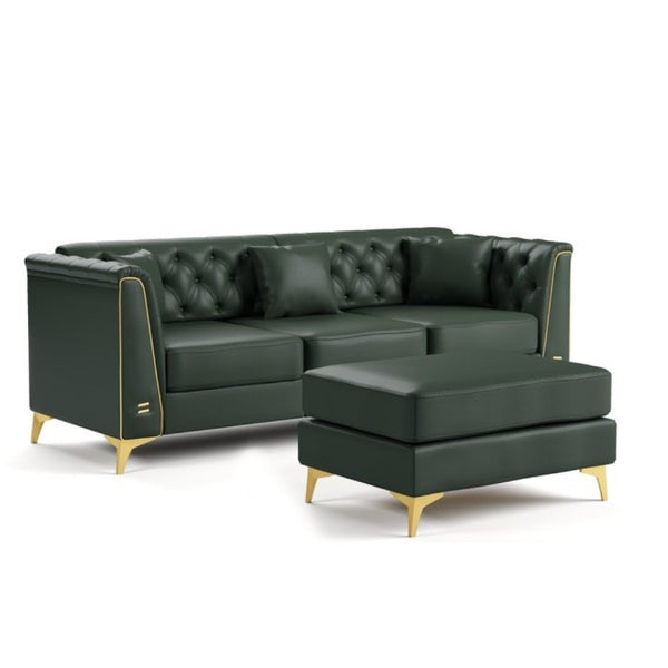 English Elm 81.5 Inch Tufted Faux Leather Chesterfield Sofa with Metal Trim Arms and Tapered Legs Green W1885S00559