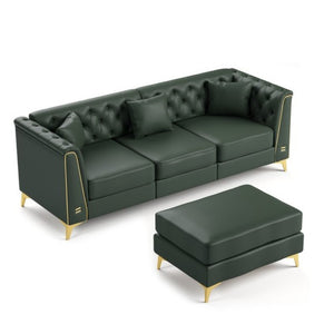 English Elm 81.5 Inch Tufted Faux Leather Chesterfield Sofa with Metal Trim Arms and Tapered Legs Green W1885S00559