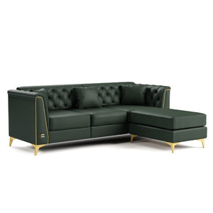 English Elm 81.5 Inch Tufted Faux Leather Chesterfield Sofa with Metal Trim Arms and Tapered Legs Green W1885S00559