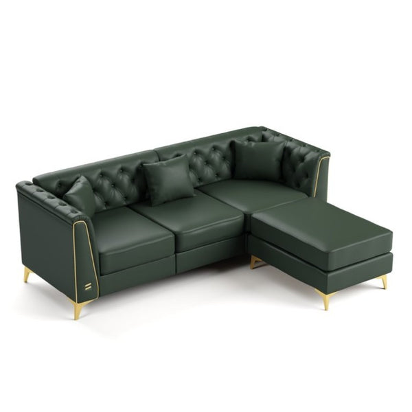 English Elm 81.5 Inch Tufted Faux Leather Chesterfield Sofa with Metal Trim Arms and Tapered Legs Green W1885S00559
