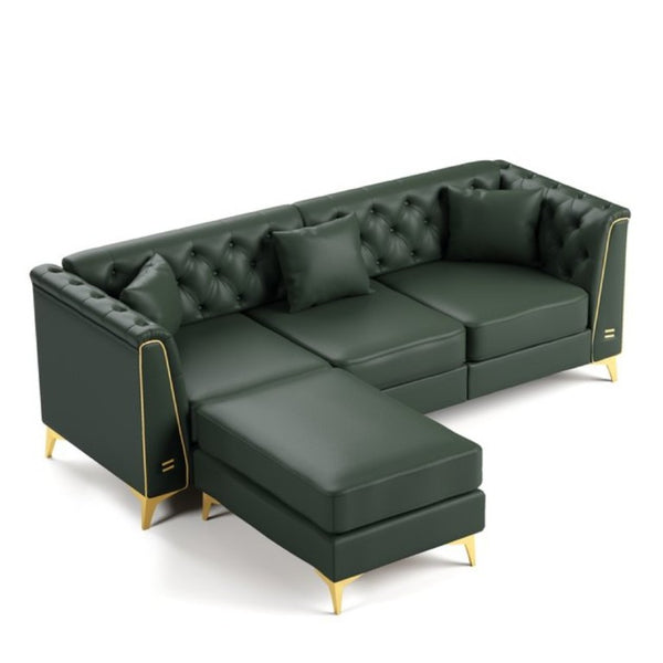 English Elm 81.5 Inch Tufted Faux Leather Chesterfield Sofa with Metal Trim Arms and Tapered Legs Green W1885S00559