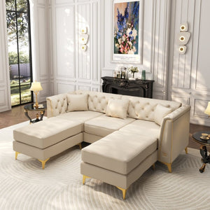 English Elm 81.5 Inch Chesterfield Faux Leather Sofa Button Tufted with Tapered Metal Legs for Living Room Beige White W1885S00560