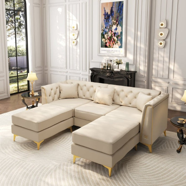 English Elm 81.5 Inch Chesterfield Faux Leather Sofa Button Tufted with Tapered Metal Legs for Living Room Beige White W1885S00560