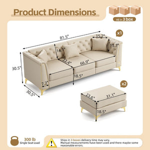 English Elm 81.5 Inch Chesterfield Faux Leather Sofa Button Tufted with Tapered Metal Legs for Living Room Beige White W1885S00560