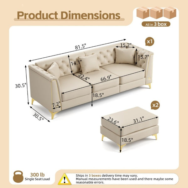 English Elm 81.5 Inch Chesterfield Faux Leather Sofa Button Tufted with Tapered Metal Legs for Living Room Beige White W1885S00560