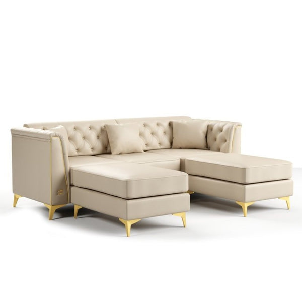 English Elm 81.5 Inch Chesterfield Faux Leather Sofa Button Tufted with Tapered Metal Legs for Living Room Beige White W1885S00560