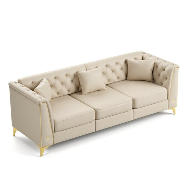 English Elm 81.5 Inch Chesterfield Faux Leather Sofa Button Tufted with Tapered Metal Legs for Living Room Beige White W1885S00560