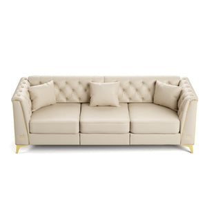 English Elm 81.5 Inch Chesterfield Faux Leather Sofa Button Tufted with Tapered Metal Legs for Living Room Beige White W1885S00560