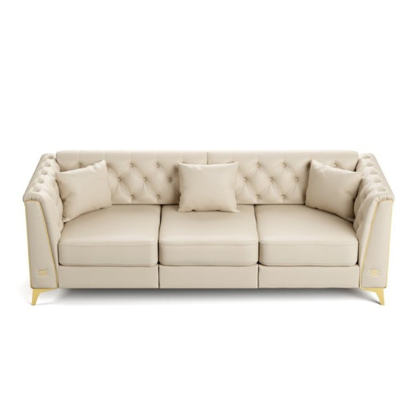 English Elm 81.5 Inch Chesterfield Faux Leather Sofa Button Tufted with Tapered Metal Legs for Living Room Beige White W1885S00560