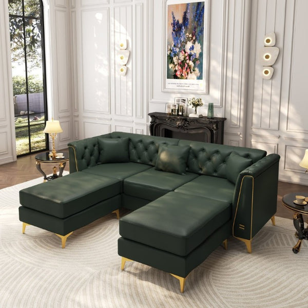 English Elm 81.5 Inch Chesterfield Faux Leather Sofa Button Tufted with Tapered Metal Legs for Living Room Green W1885S00561