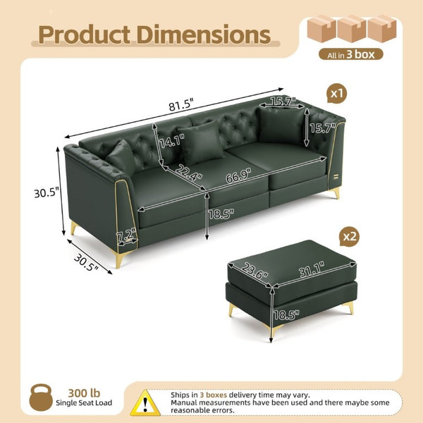 English Elm 81.5 Inch Chesterfield Faux Leather Sofa Button Tufted with Tapered Metal Legs for Living Room Green W1885S00561