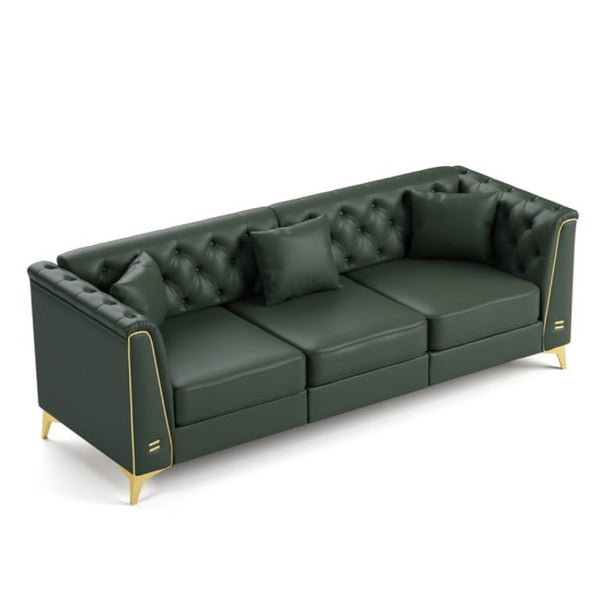 English Elm 81.5 Inch Chesterfield Faux Leather Sofa Button Tufted with Tapered Metal Legs for Living Room Green W1885S00561