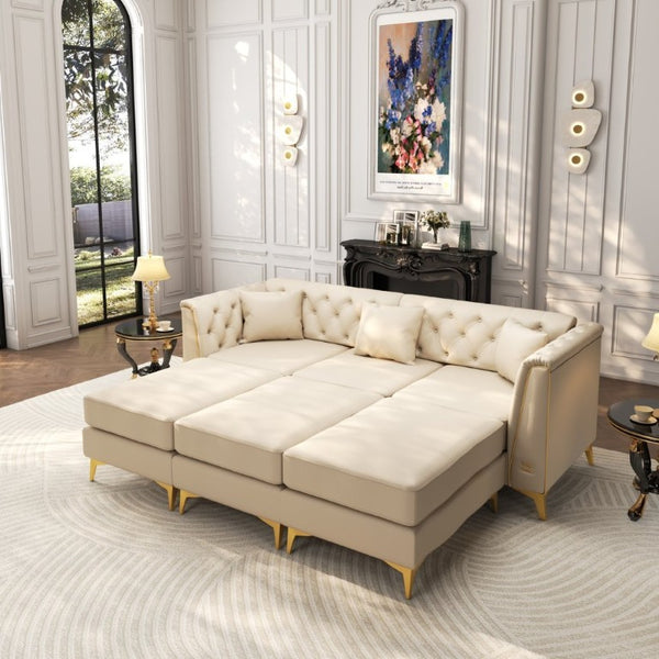 English Elm 81.5 Inch Faux Leather Chesterfield Sofa Tufted 3 Seater with Tapered Metal Legs Living Room Beige+White W1885S00562
