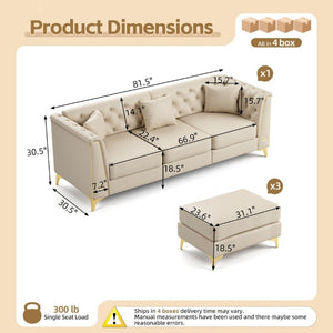 English Elm 81.5 Inch Faux Leather Chesterfield Sofa Tufted 3 Seater with Tapered Metal Legs Living Room Beige+White W1885S00562