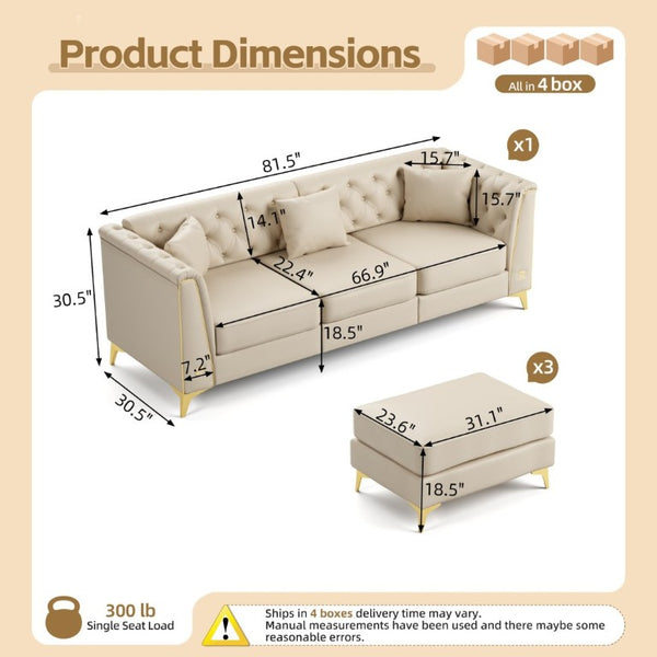 English Elm 81.5 Inch Faux Leather Chesterfield Sofa Tufted 3 Seater with Tapered Metal Legs Living Room Beige+White W1885S00562