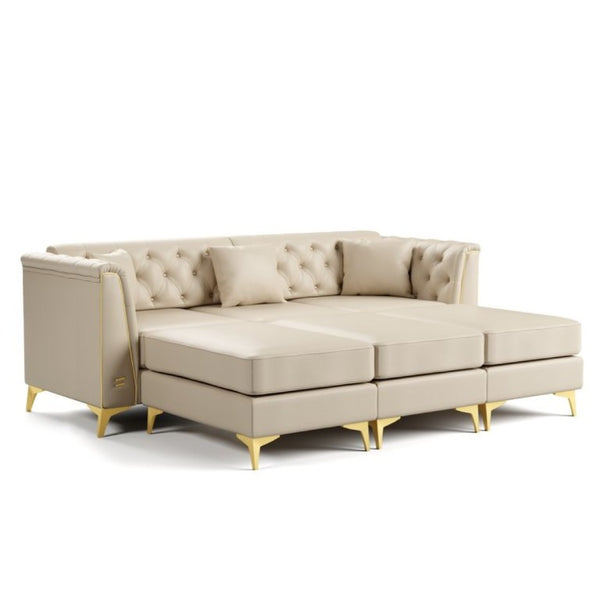 English Elm 81.5 Inch Faux Leather Chesterfield Sofa Tufted 3 Seater with Tapered Metal Legs Living Room Beige+White W1885S00562