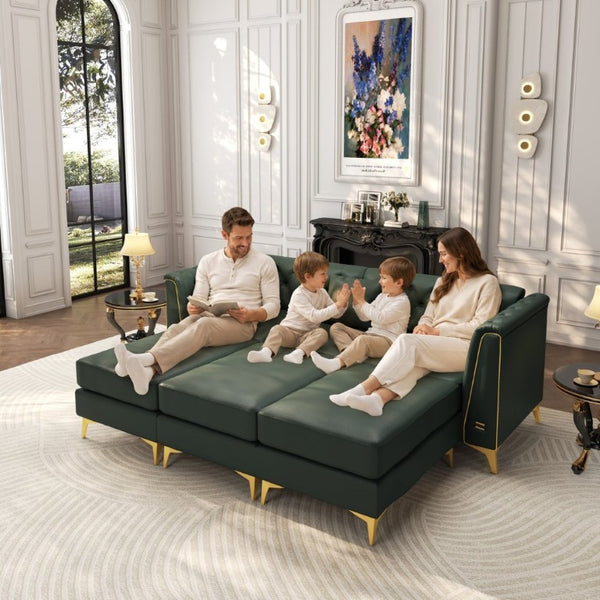 English Elm 81.5 Inch Faux Leather Chesterfield Sofa Tufted 3 Seater with Tapered Metal Legs Living Room Green W1885S00563