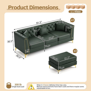 English Elm 81.5 Inch Faux Leather Chesterfield Sofa Tufted 3 Seater with Tapered Metal Legs Living Room Green W1885S00563