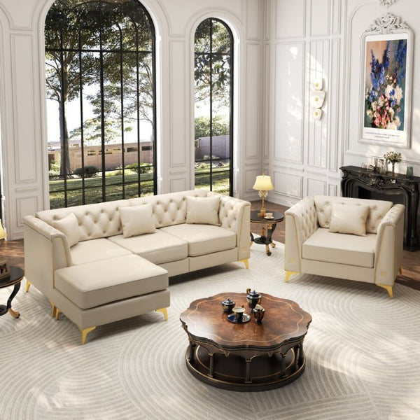 English Elm Light Luxury Modular Faux Leather Chesterfield Sofa with Tufted Back and Metal Leg Detail Beige+White W1885S00564