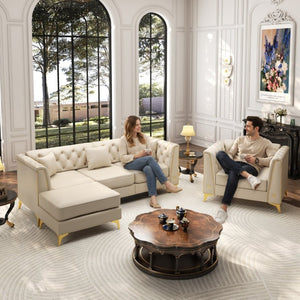 English Elm Light Luxury Modular Faux Leather Chesterfield Sofa with Tufted Back and Metal Leg Detail Beige+White W1885S00564