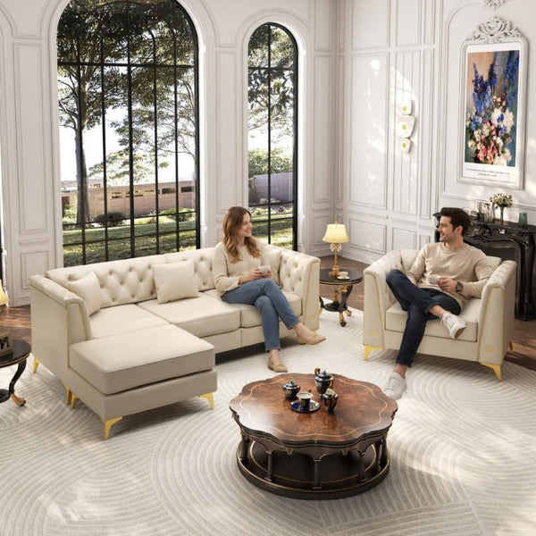English Elm Light Luxury Modular Faux Leather Chesterfield Sofa with Tufted Back and Metal Leg Detail Beige+White W1885S00564