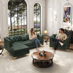 English Elm Light Luxury Modular Faux Leather Chesterfield Sofa with Tufted Back and Metal Leg Detail Green W1885S00565