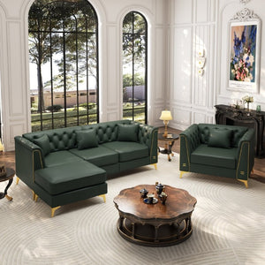 English Elm Light Luxury Modular Faux Leather Chesterfield Sofa with Tufted Back and Metal Leg Detail Green W1885S00565