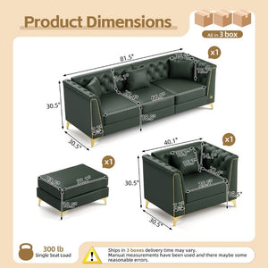 English Elm Light Luxury Modular Faux Leather Chesterfield Sofa with Tufted Back and Metal Leg Detail Green W1885S00565