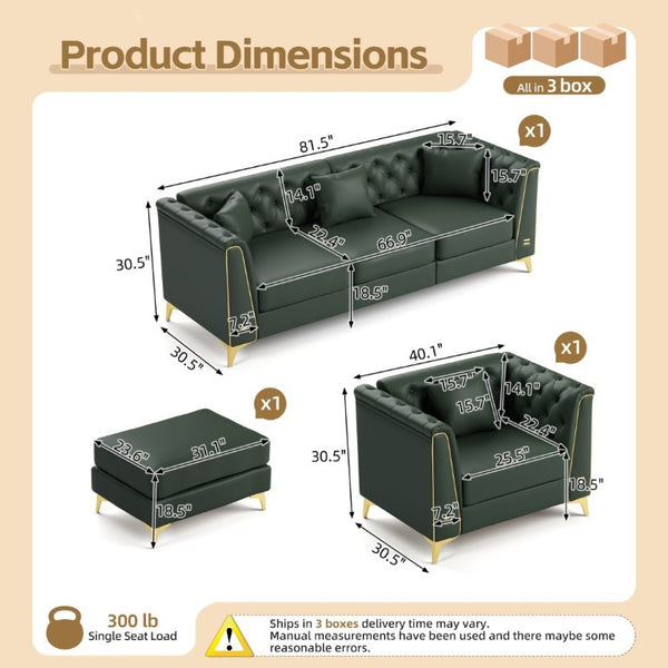 English Elm Light Luxury Modular Faux Leather Chesterfield Sofa with Tufted Back and Metal Leg Detail Green W1885S00565
