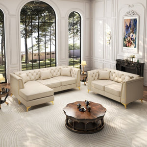 English Elm Light Luxury Faux Leather Modular Chesterfield Sofa with Tufted Back and Tapered Legs Beige+White W1885S00566