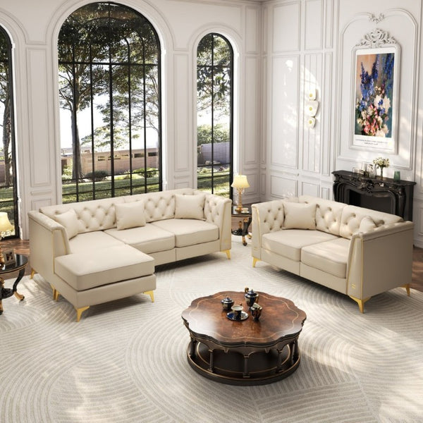 English Elm Light Luxury Faux Leather Modular Chesterfield Sofa with Tufted Back and Tapered Legs Beige+White W1885S00566