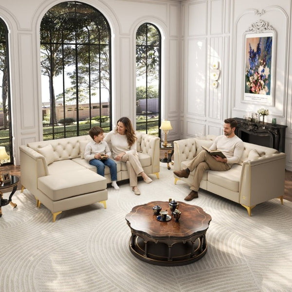 English Elm Light Luxury Faux Leather Modular Chesterfield Sofa with Tufted Back and Tapered Legs Beige+White W1885S00566