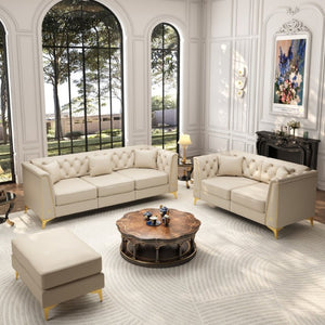 English Elm Light Luxury Faux Leather Modular Chesterfield Sofa with Tufted Back and Tapered Legs Beige+White W1885S00566