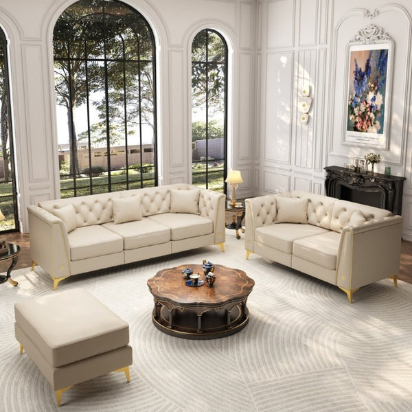 English Elm Light Luxury Faux Leather Modular Chesterfield Sofa with Tufted Back and Tapered Legs Beige+White W1885S00566