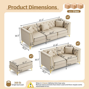 English Elm Light Luxury Faux Leather Modular Chesterfield Sofa with Tufted Back and Tapered Legs Beige+White W1885S00566
