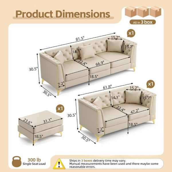 English Elm Light Luxury Faux Leather Modular Chesterfield Sofa with Tufted Back and Tapered Legs Beige+White W1885S00566