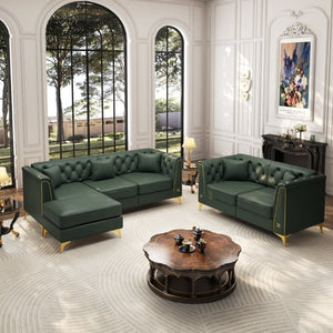 English Elm Light Luxury Faux Leather Modular Chesterfield Sofa with Tufted Back and Tapered Legs Green W1885S00567