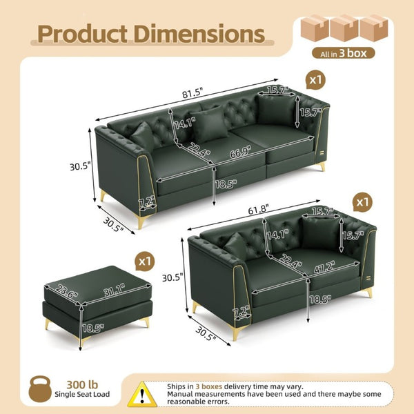 English Elm Light Luxury Faux Leather Modular Chesterfield Sofa with Tufted Back and Tapered Legs Green W1885S00567