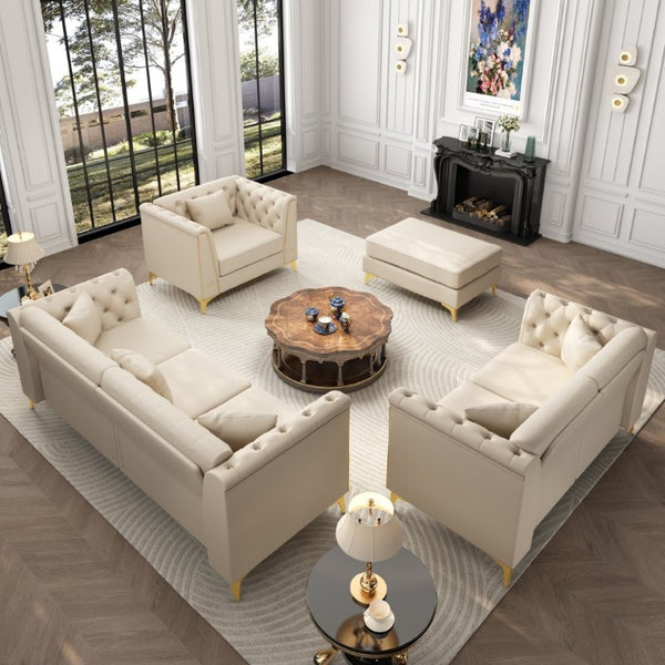 English Elm Light Luxury Modular Chesterfield Faux Leather Sofa with Tufted Cushions and Metal Trim Legs Beige+White W1885S00568
