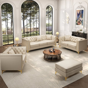 English Elm Light Luxury Modular Chesterfield Faux Leather Sofa with Tufted Cushions and Metal Trim Legs Beige+White W1885S00568