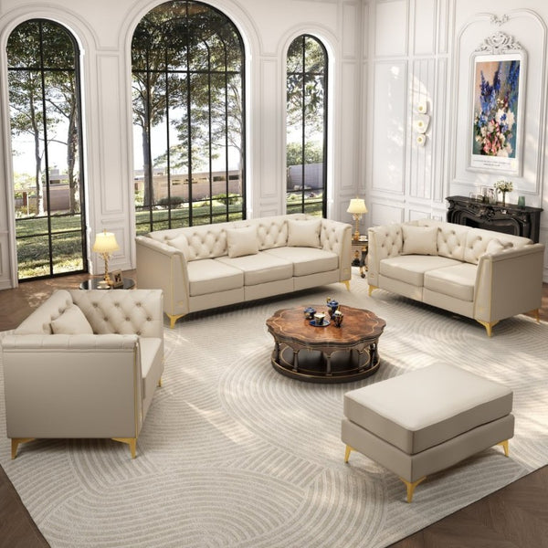 English Elm Light Luxury Modular Chesterfield Faux Leather Sofa with Tufted Cushions and Metal Trim Legs Beige+White W1885S00568