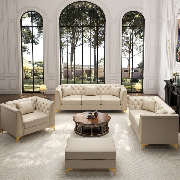 English Elm Light Luxury Modular Chesterfield Faux Leather Sofa with Tufted Cushions and Metal Trim Legs Beige+White W1885S00568