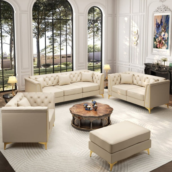English Elm Light Luxury Modular Chesterfield Faux Leather Sofa with Tufted Cushions and Metal Trim Legs Beige+White W1885S00568