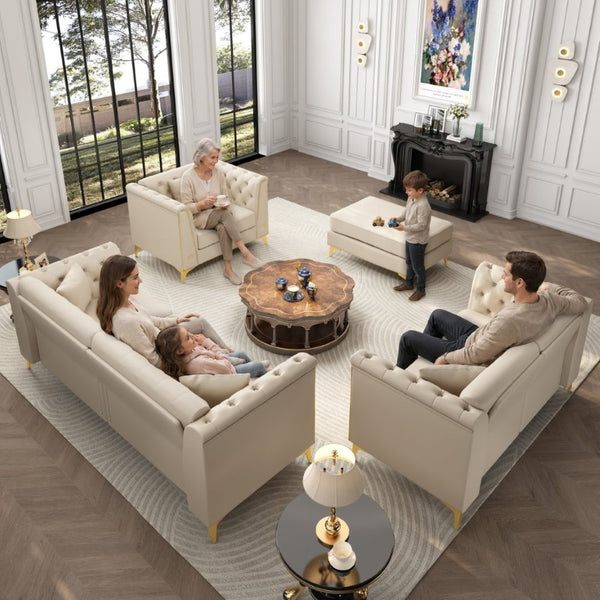 English Elm Light Luxury Modular Chesterfield Faux Leather Sofa with Tufted Cushions and Metal Trim Legs Beige+White W1885S00568